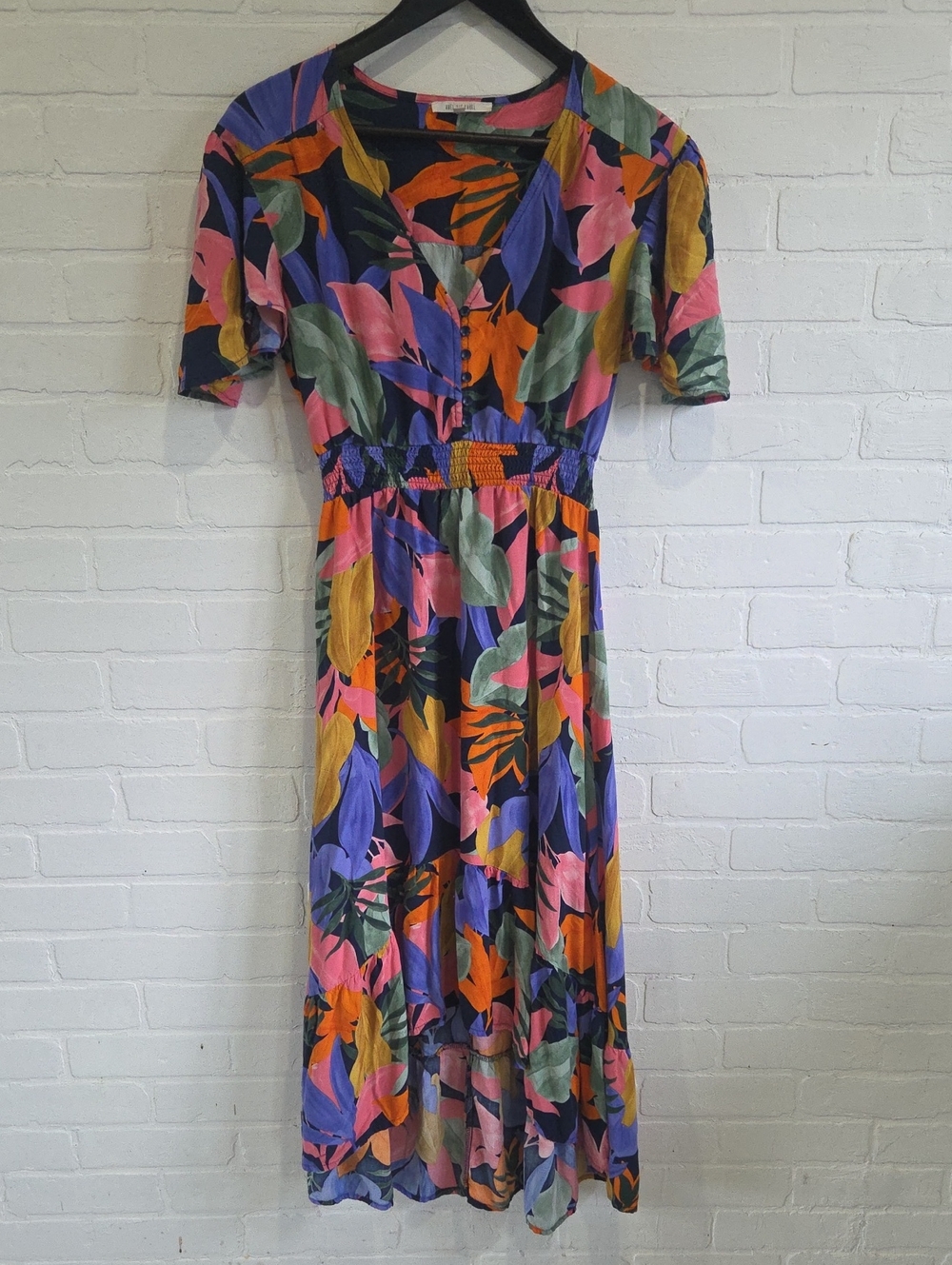 Abel The Label Vibrant Multicolor Leaf-Print Midi Dress with Smocked Waist